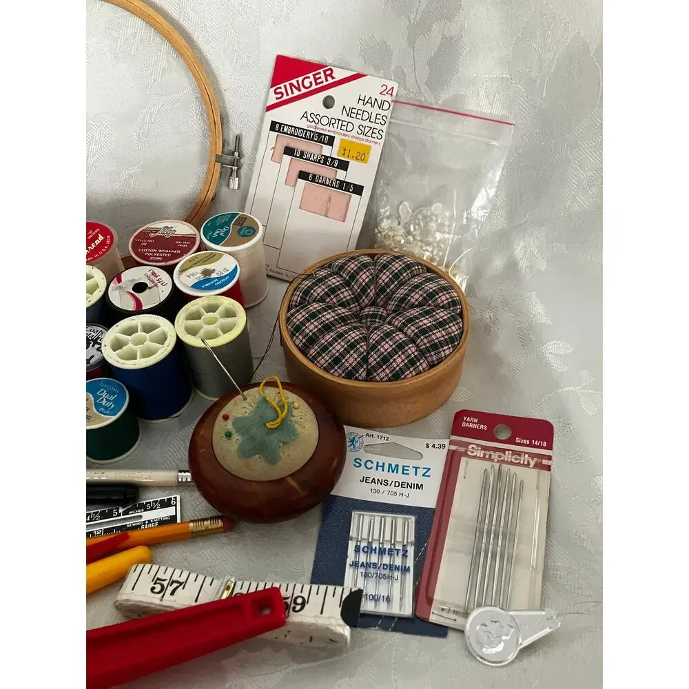 Vintage Sewing Kit Floral Tin Thread Needles Scissors Pin Cushions Craft Lot